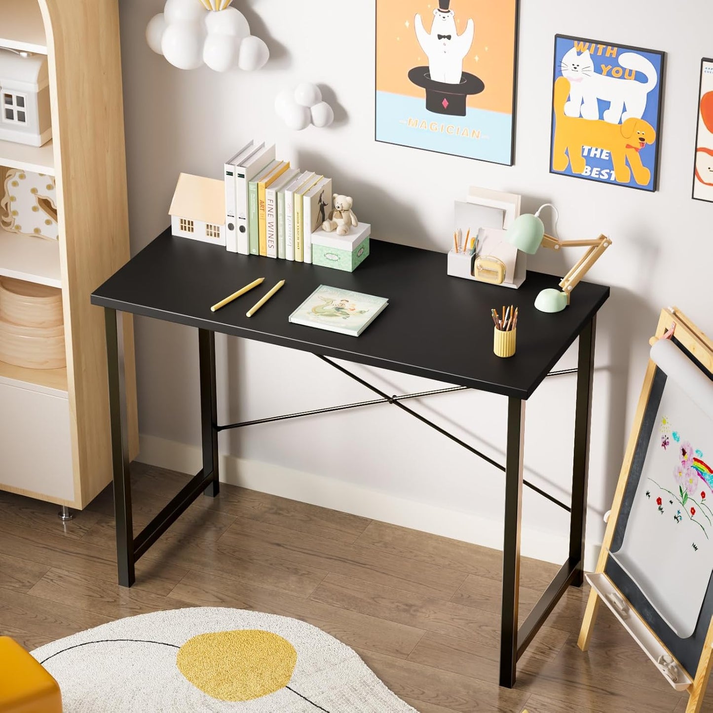 Winarow Small Computer Desk, 40" Office Writing Desk with Metal Frame & Wooden Top, X-Shaped Reinforcement, Student Study Workstation for Home Bedroom, Black