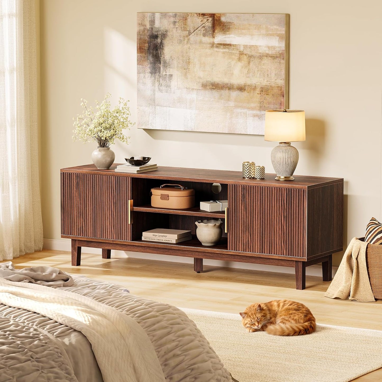 Winarow 54 Inch Fluted TV Stand for TVs Up to 55, 60 Inch, Mid Century Modern Entertainment Center with Storage, TV Console with Adjustable Shelves, Midea Console for Living Room Bedroom, Brown
