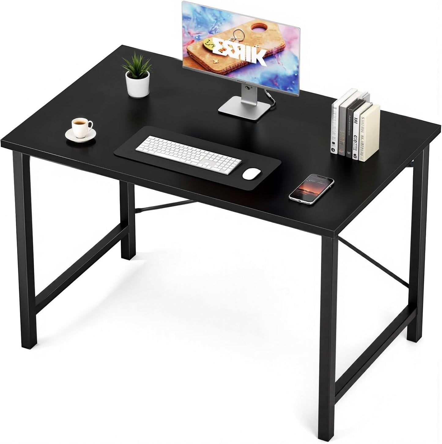 Winarow Small Computer Desk, 40" Office Writing Desk with Metal Frame & Wooden Top, X-Shaped Reinforcement, Student Study Workstation for Home Bedroom, Black