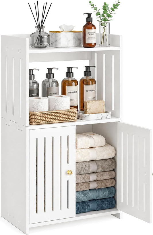 Winarow 3-Tier Bathroom Storage Cabinet 24.8" H x 14.2" W x 8.7" D | White Floor Cabinet, Freestanding Organizer with Door, for Living Room Kitchen Small Space, PVC Material
