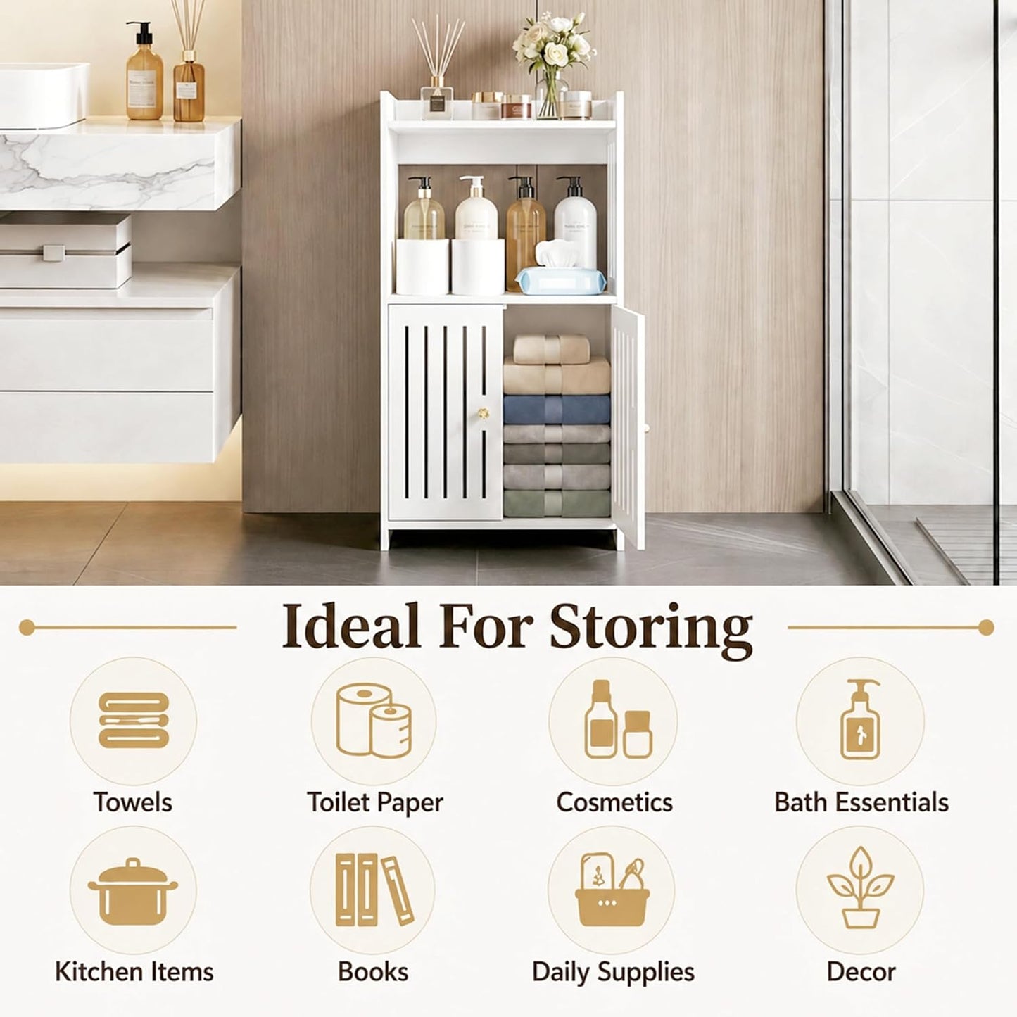 Winarow 3-Tier Bathroom Storage Cabinet 24.8" H x 14.2" W x 8.7" D | White Floor Cabinet, Freestanding Organizer with Door, for Living Room Kitchen Small Space, PVC Material