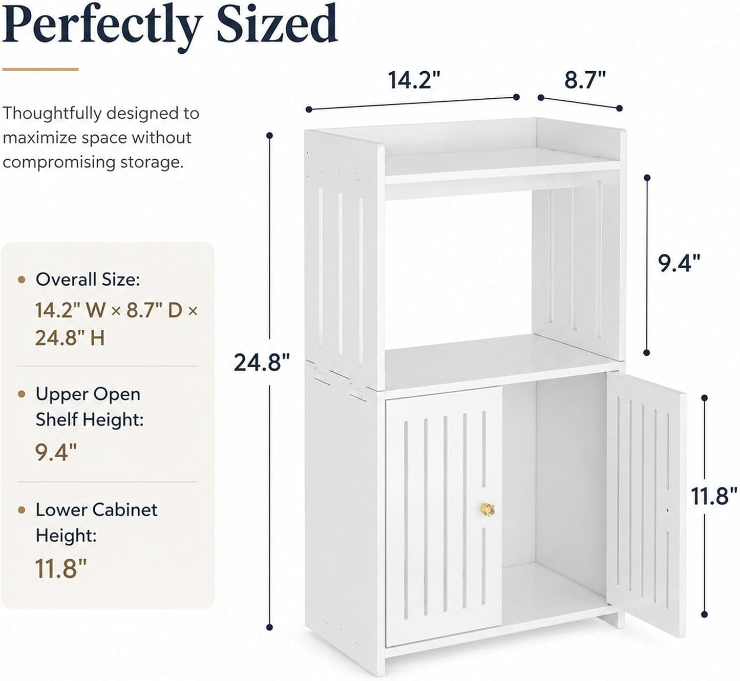 Winarow 3-Tier Bathroom Storage Cabinet 24.8" H x 14.2" W x 8.7" D | White Floor Cabinet, Freestanding Organizer with Door, for Living Room Kitchen Small Space, PVC Material