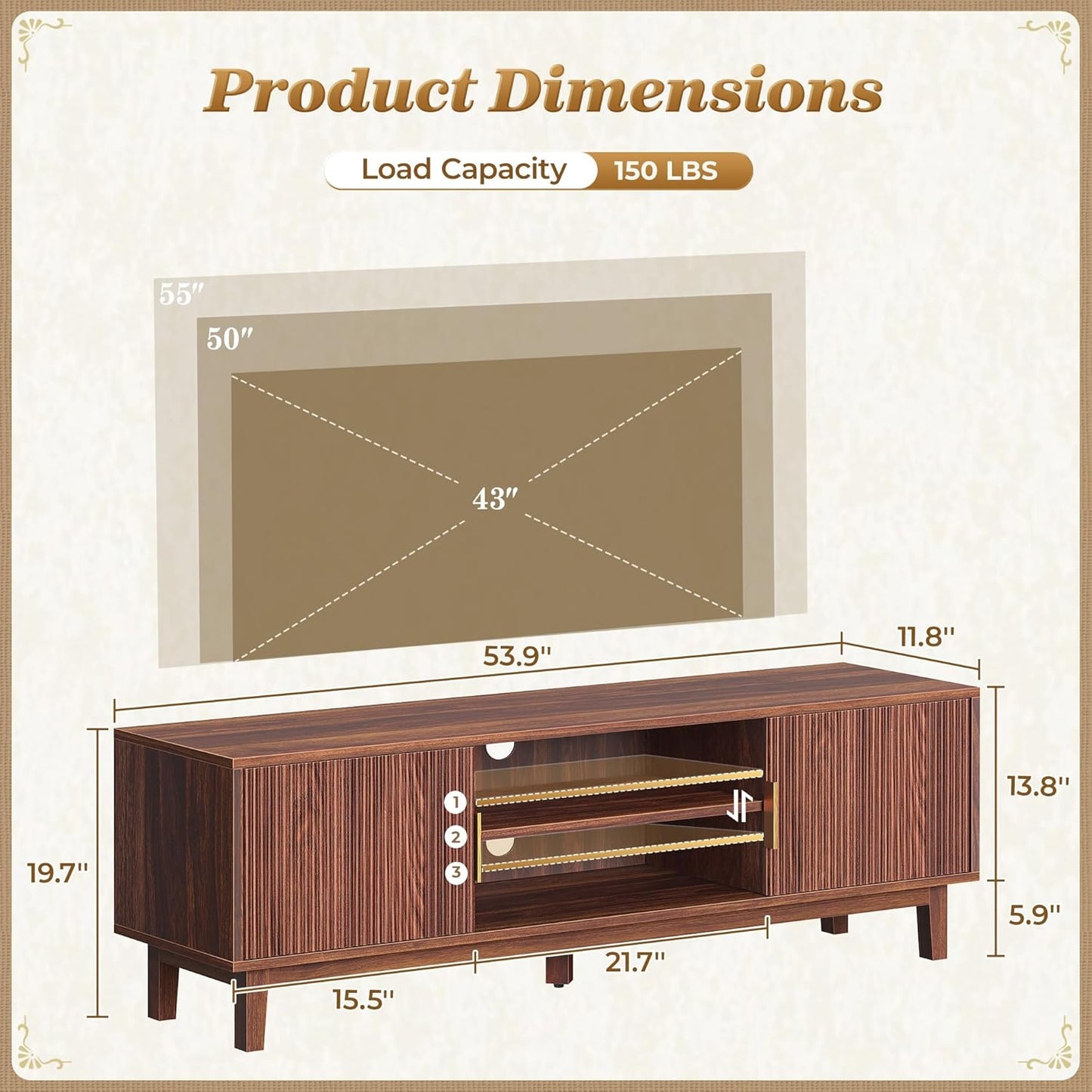 Winarow 54 Inch Fluted TV Stand for TVs Up to 55, 60 Inch, Mid Century Modern Entertainment Center with Storage, TV Console with Adjustable Shelves, Midea Console for Living Room Bedroom, Brown