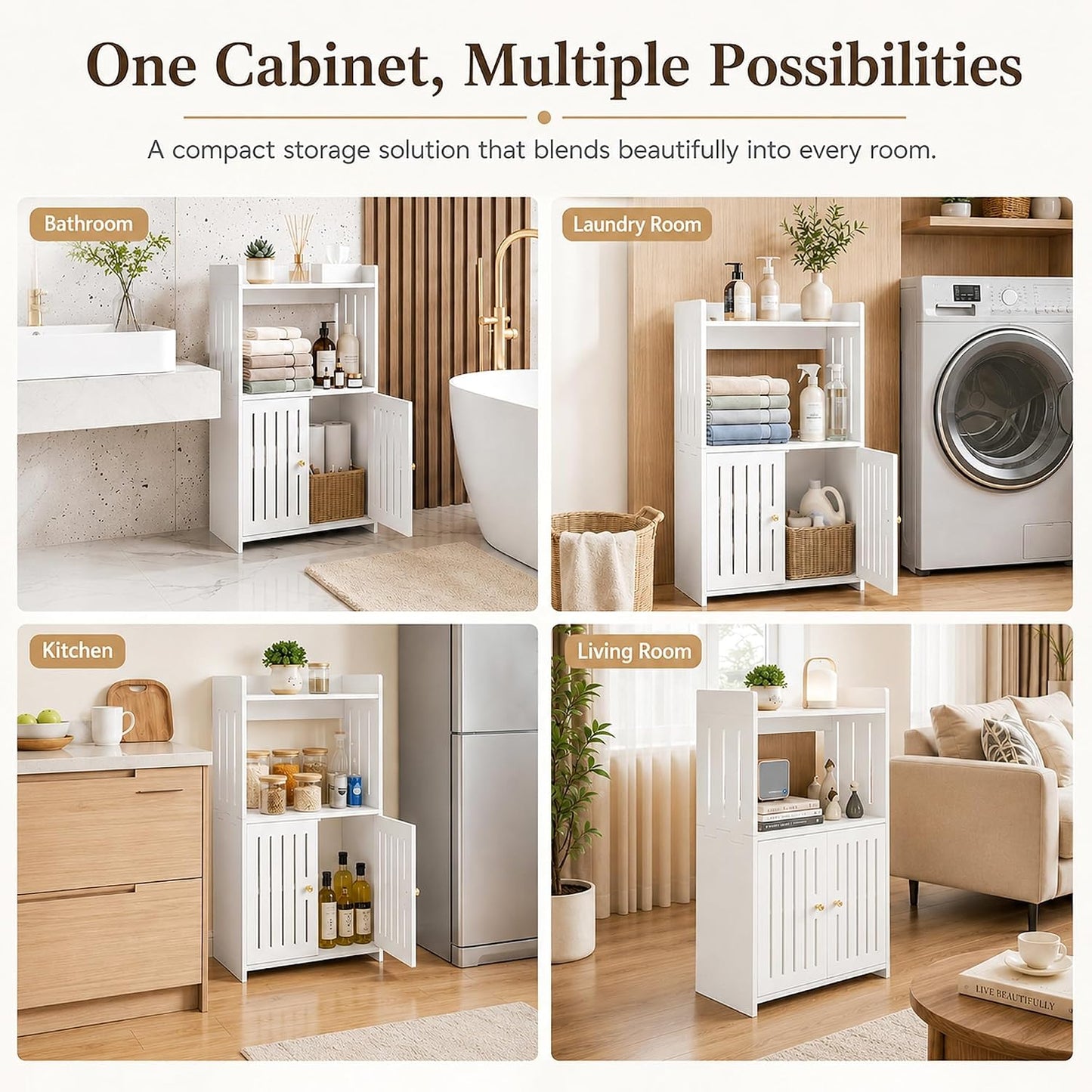 Winarow 3-Tier Bathroom Storage Cabinet 24.8" H x 14.2" W x 8.7" D | White Floor Cabinet, Freestanding Organizer with Door, for Living Room Kitchen Small Space, PVC Material