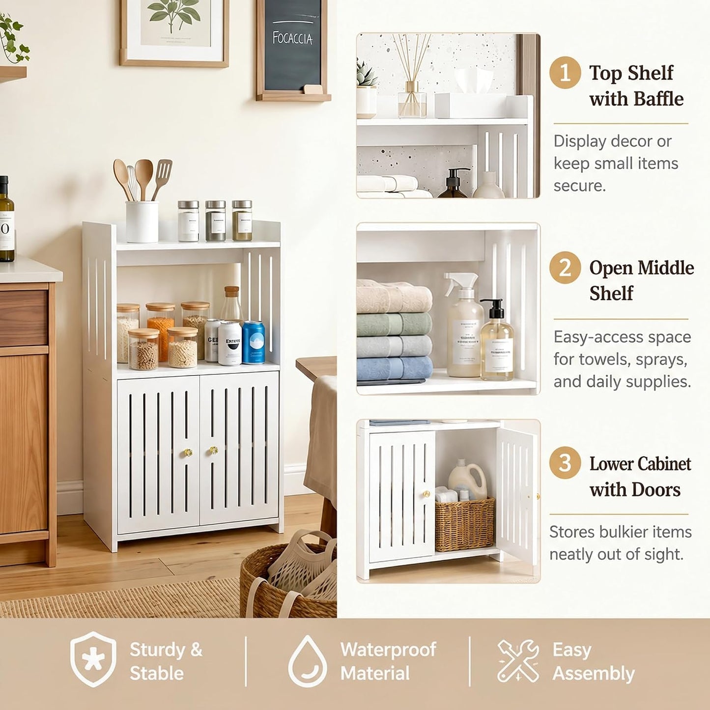 Winarow 3-Tier Bathroom Storage Cabinet 24.8" H x 14.2" W x 8.7" D | White Floor Cabinet, Freestanding Organizer with Door, for Living Room Kitchen Small Space, PVC Material