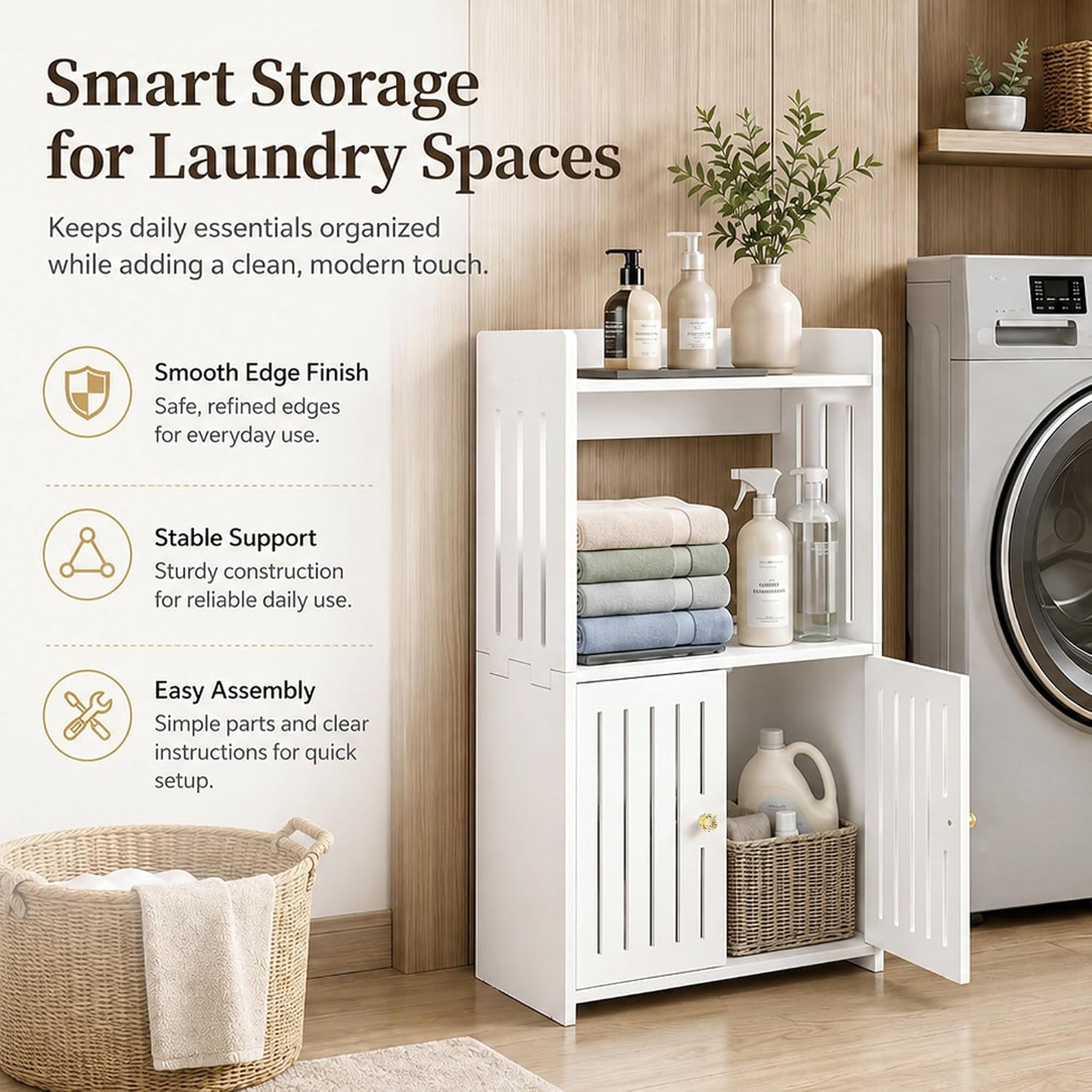 Winarow 3-Tier Bathroom Storage Cabinet 24.8" H x 14.2" W x 8.7" D | White Floor Cabinet, Freestanding Organizer with Door, for Living Room Kitchen Small Space, PVC Material