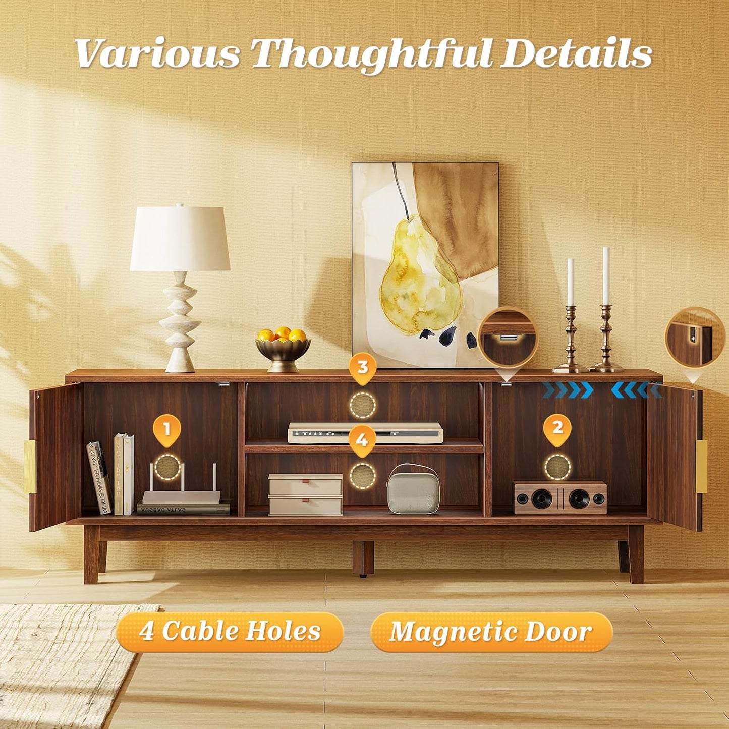 Winarow 54 Inch Fluted TV Stand for TVs Up to 55, 60 Inch, Mid Century Modern Entertainment Center with Storage, TV Console with Adjustable Shelves, Midea Console for Living Room Bedroom, Brown
