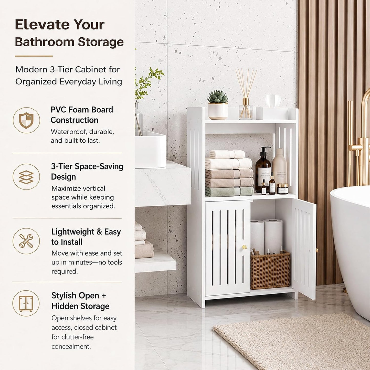 Winarow 3-Tier Bathroom Storage Cabinet 24.8" H x 14.2" W x 8.7" D | White Floor Cabinet, Freestanding Organizer with Door, for Living Room Kitchen Small Space, PVC Material