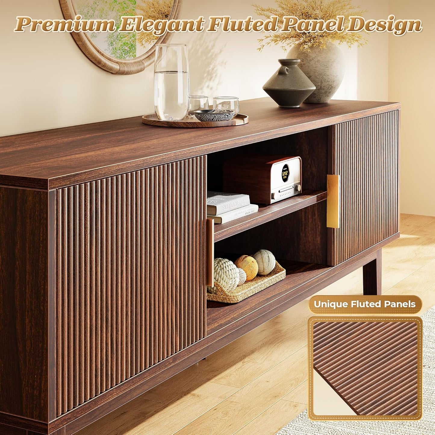Winarow 54 Inch Fluted TV Stand for TVs Up to 55, 60 Inch, Mid Century Modern Entertainment Center with Storage, TV Console with Adjustable Shelves, Midea Console for Living Room Bedroom, Brown