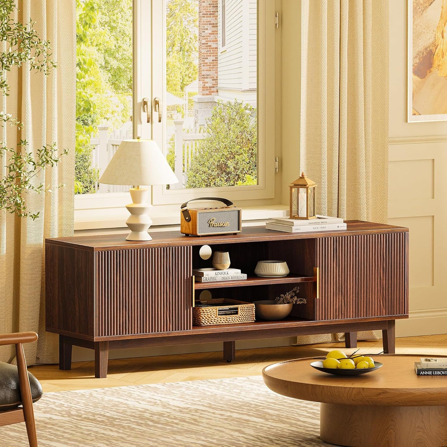 Winarow 54 Inch Fluted TV Stand for TVs Up to 55, 60 Inch, Mid Century Modern Entertainment Center with Storage, TV Console with Adjustable Shelves, Midea Console for Living Room Bedroom, Brown