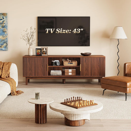 Winarow 54 Inch Fluted TV Stand for TVs Up to 55, 60 Inch, Mid Century Modern Entertainment Center with Storage, TV Console with Adjustable Shelves, Midea Console for Living Room Bedroom, Brown